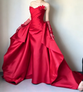 Unique Strapless Red Prom Dress Appliques Satin A-Line Evening Dress GG6467