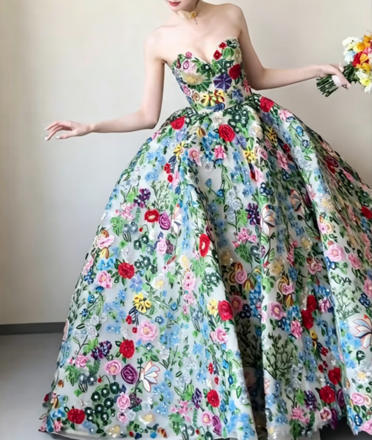 Dreamy Strapless Floral Prom Dress Sequins A-Line Evening Dress GG6491
