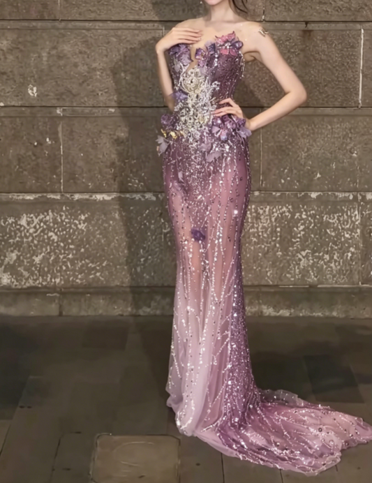 Glam Illusion Neck Purple Prom Dress Appliques Beaded Mermaid Evening Dress GG6498