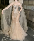 Ornate Strapless Beige Tulle Prom Dress Sequins Crystals Mermaid Evening Dress GG6506
