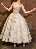 Chic Spaghetti Straps Blue Prom Dress Sequins Floral A-Line Evening Dress GG6507