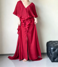 Charming V Neck Red Prom Dress Slit Pleated Ruffles A-Line Evening Dress GG6511