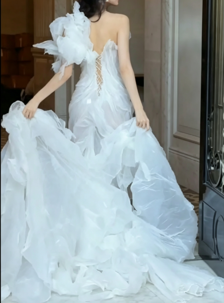 Romantic One Shoulder Ivory Prom Dress Ruffles Mermaid Evening Dress GG6521