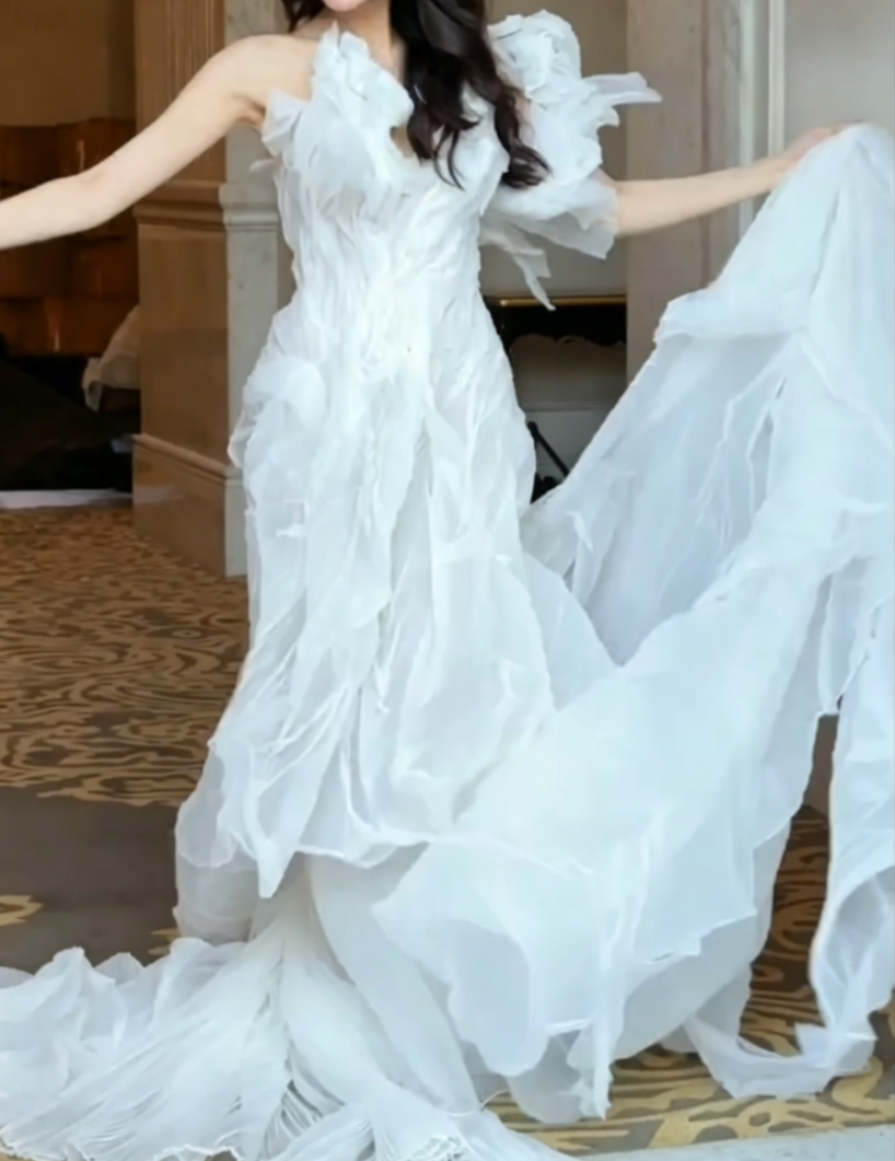 Romantic One Shoulder Ivory Prom Dress Ruffles Mermaid Evening Dress GG6521