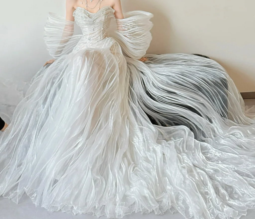 Glamorous Off-Shoulder Wedding Dress Sequins Pleated A-Line Bridal Dress GG6541