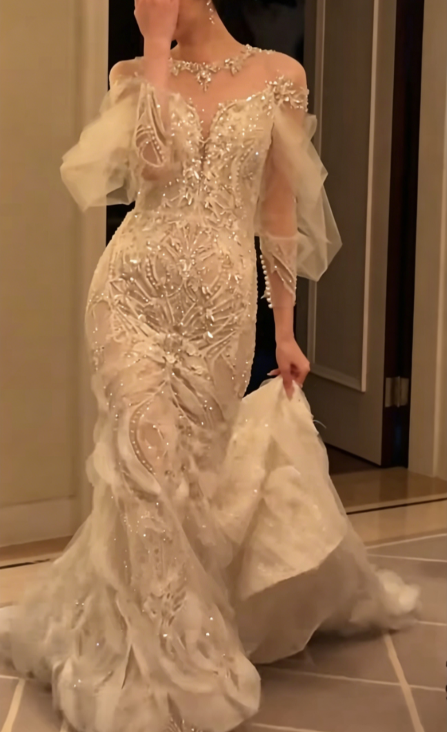 Romantic Illusion Neck Beaded Wedding Dress Long Sleeve Sequins Mermiad Bridal Dress GG6544