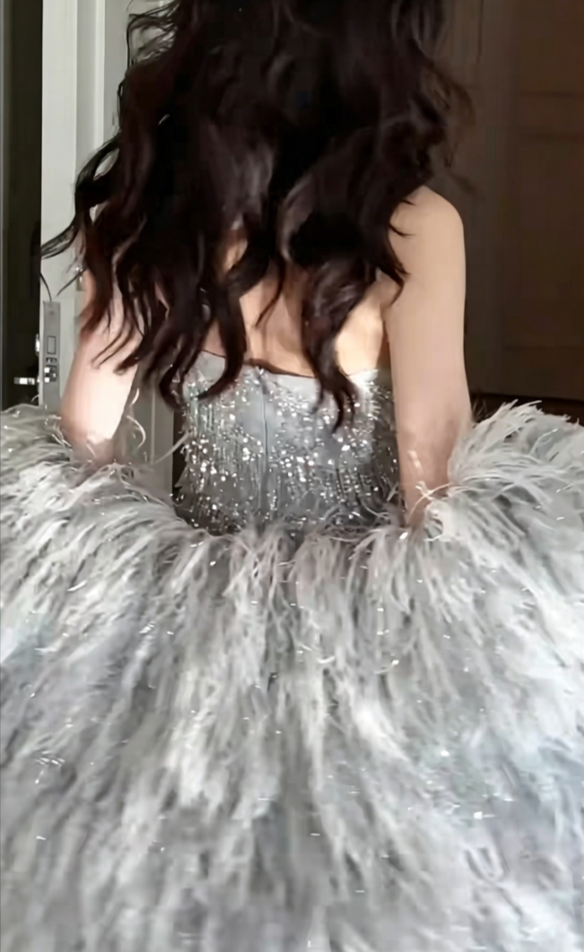 Glittering Strapless Silver Prom Dress Tassel Sequins Mermaid Evening Dress GG6545