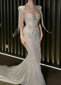 Sparkling High Collar Beaded Wedding Dress Tassel Sequins Mermiad Bridal Dress GG6547
