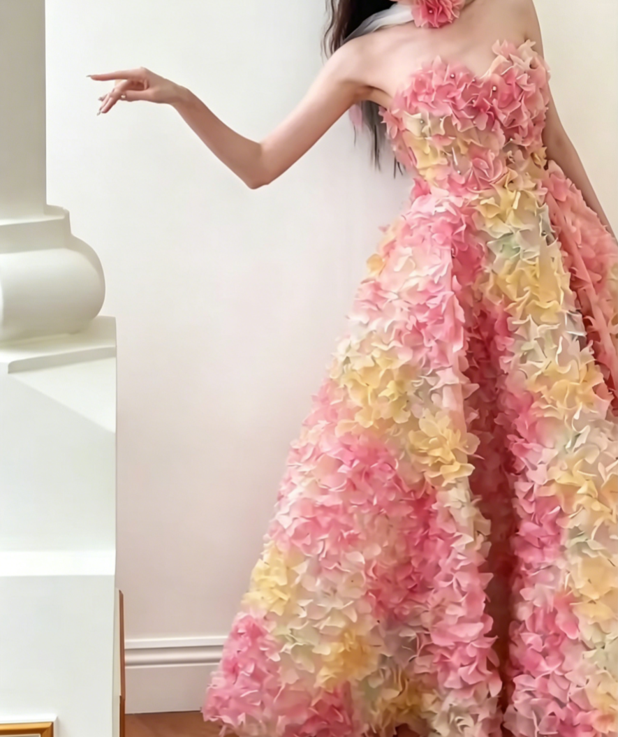 Alluring Strapless Pink Prom Dress Florals Beads A-Line Evening Dress GG6549