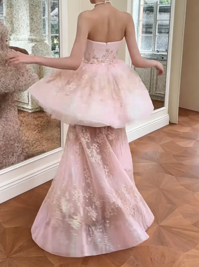 Romantic Strapless Tiered Pink Prom Dress Floral Sequins Mermaid Evening Dress GG6551