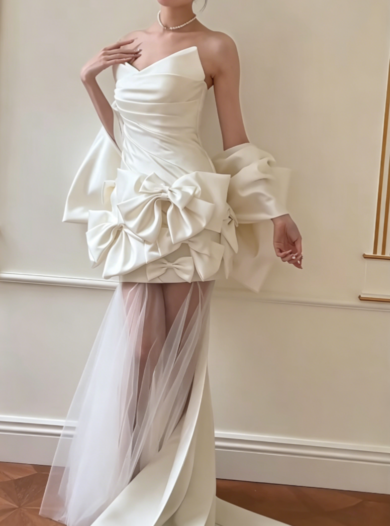 Elegant Strapless Satin Wedding Dress Bows Tulle Mermiad Bridal Dress GG6553