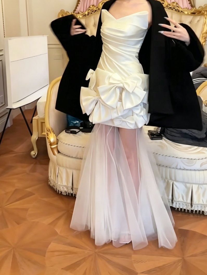 Elegant Strapless Satin Wedding Dress Bows Tulle Mermiad Bridal Dress GG6553
