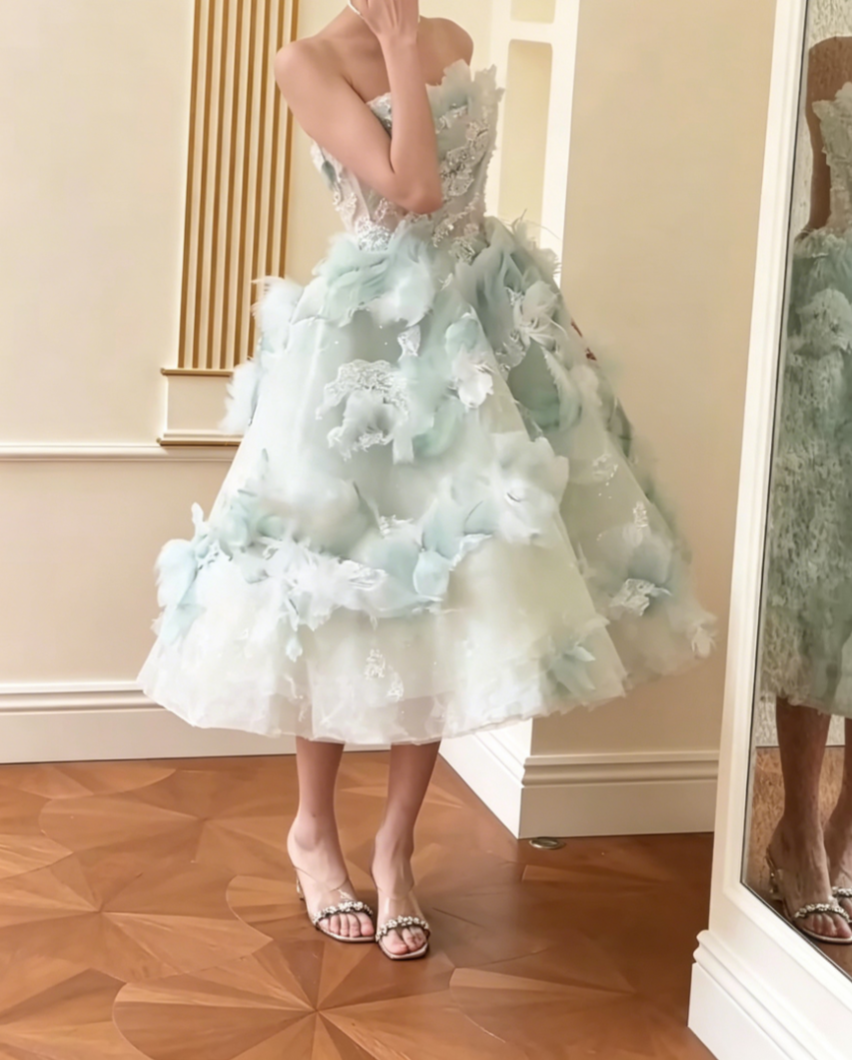 Trendy Strapless Green Prom Dress Sequins Feather A-Line Evening Dress GG6554