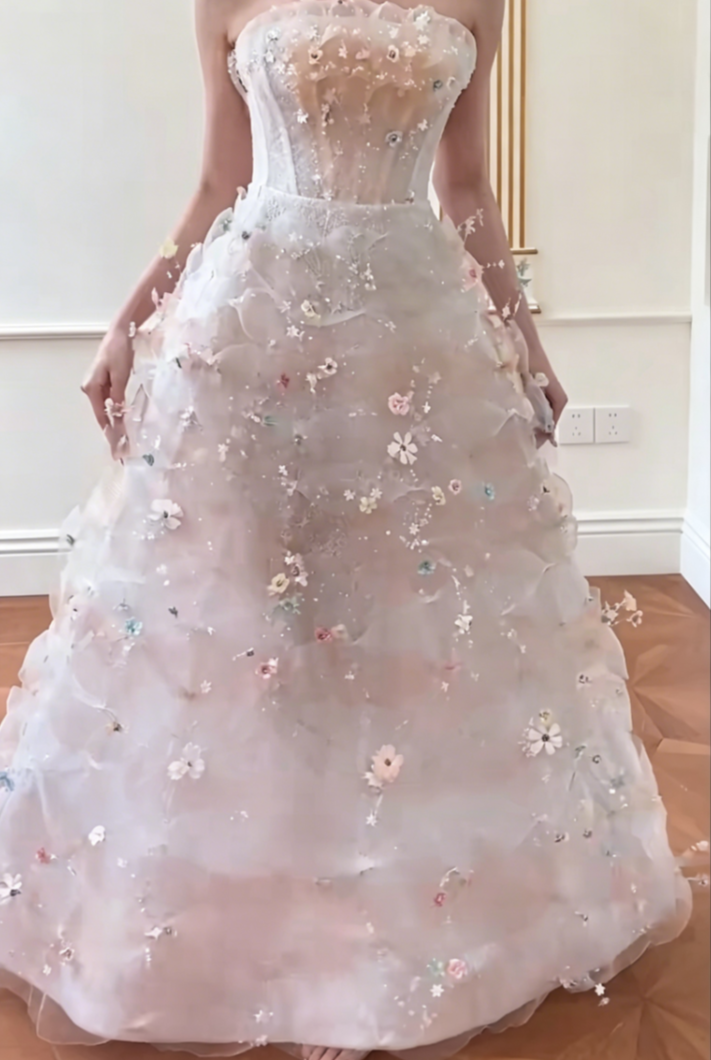 Luxurious Strapless Pink Prom Dress Sequins Floral A-Line Evening Dress GG6555