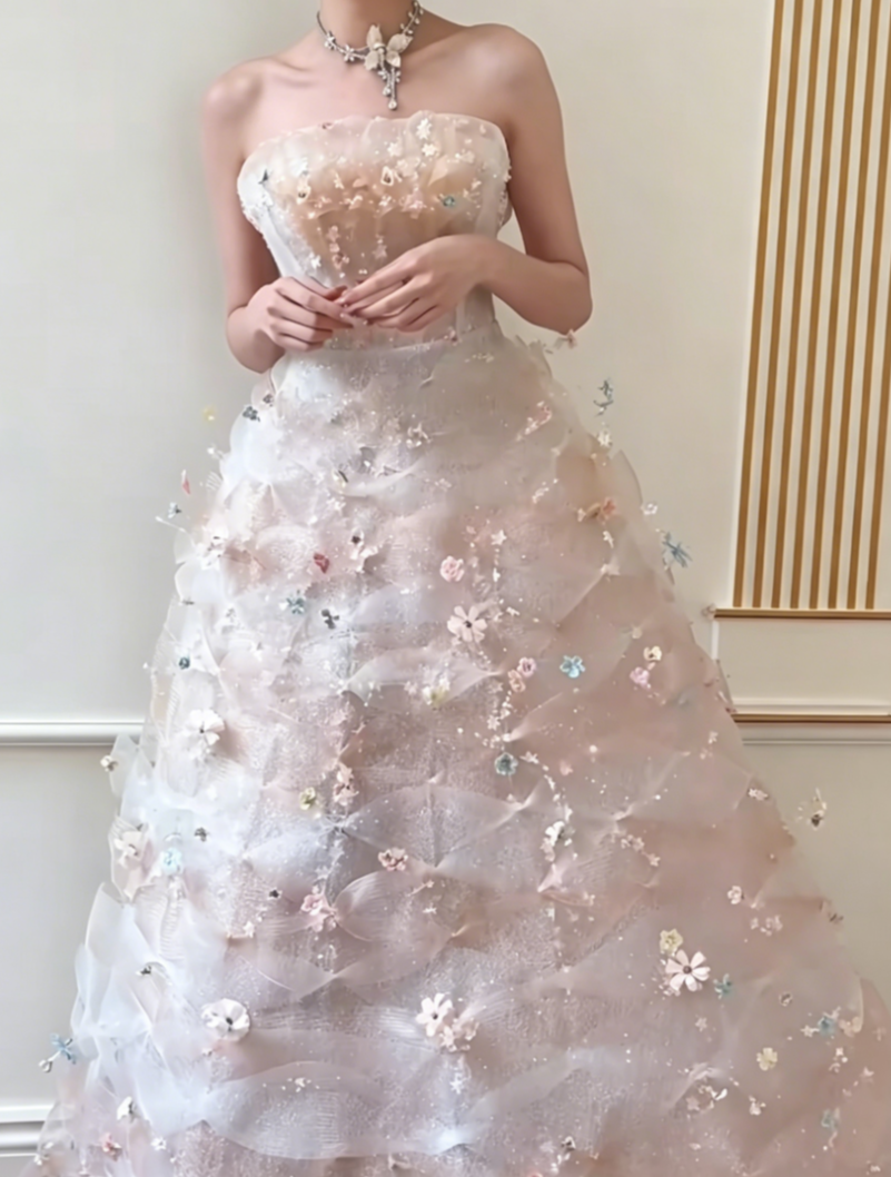 Luxurious Strapless Pink Prom Dress Sequins Floral A-Line Evening Dress GG6555