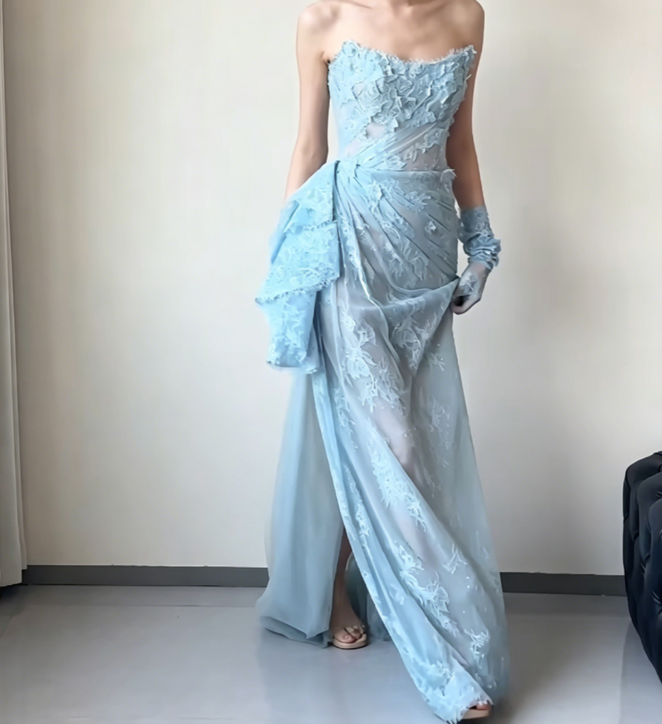 Playful Strapless Blue Prom Dress Lace High Slit Mermaid Evening Dress GG6559
