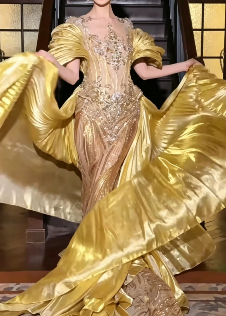 Attractive Jewel Neck Pleated Yellow Prom Dress Sequins Beaded Mermaid Evening Dress GG6572