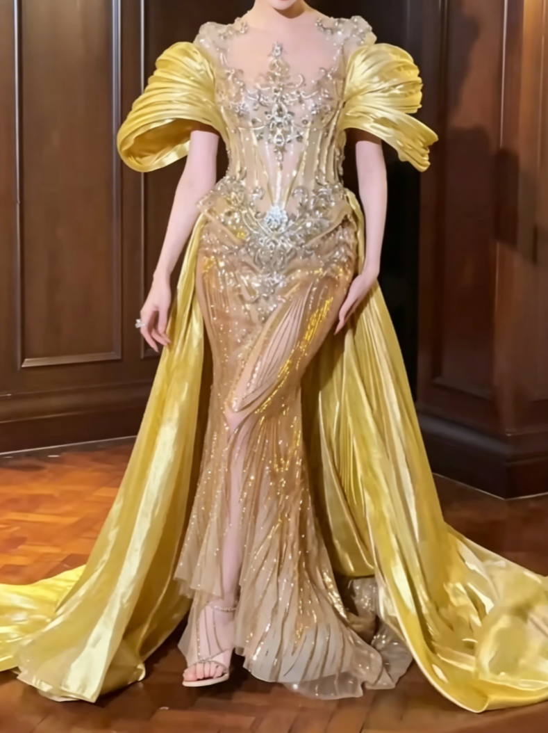 Attractive Jewel Neck Pleated Yellow Prom Dress Sequins Beaded Mermaid Evening Dress GG6572