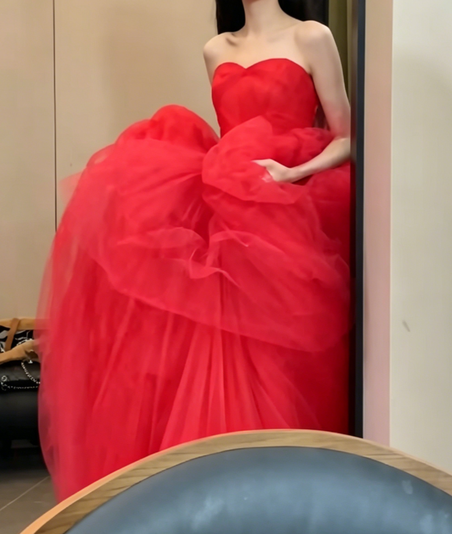Alluring Strapless Red Prom Dress Tulle A-Line Evening Dress GG6578