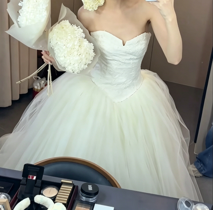 Vintage Strapless Bodice Wedding Dress Long Tulle A-Line Bridal Dress GG6579