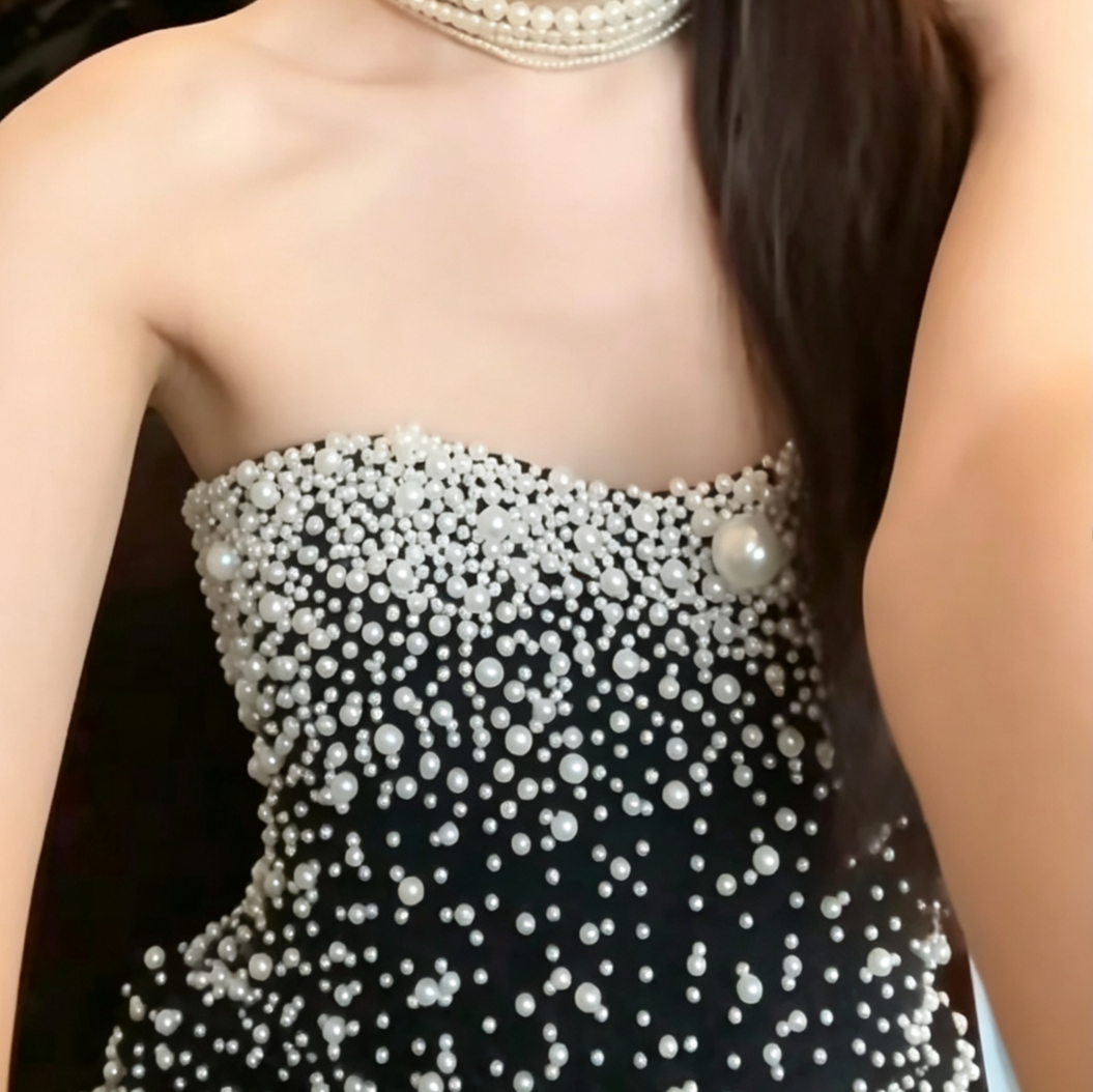 Alluring Strapless Black Prom Dress Pearls Mermaid Evening Dress GG6581