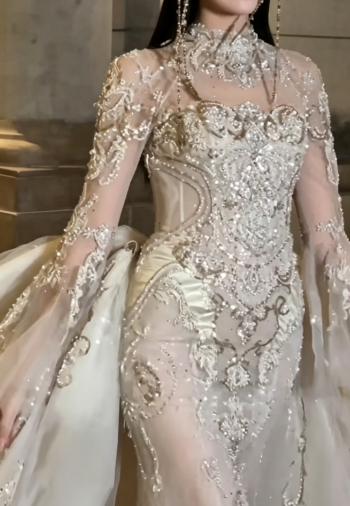 Exquisite High Collar Beaded Wedding Dress Long Sleeve Sequins Mermaid Bridal Dress GG6584