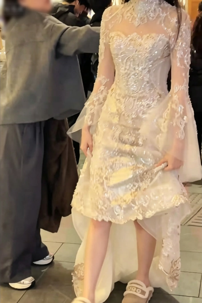 Exquisite High Collar Beaded Wedding Dress Long Sleeve Sequins Mermaid Bridal Dress GG6584
