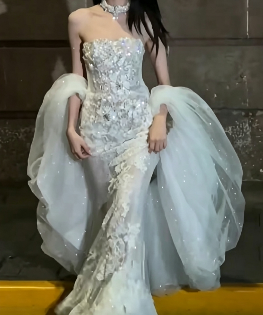 Glam Strapless Lace Wedding Dress Sequins Mermiad Bridal Dress GG6585