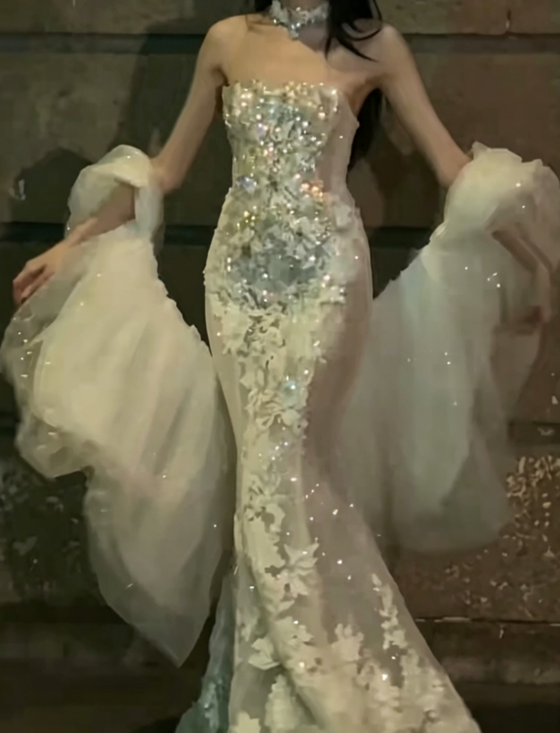 Glam Strapless Lace Wedding Dress Sequins Mermiad Bridal Dress GG6585