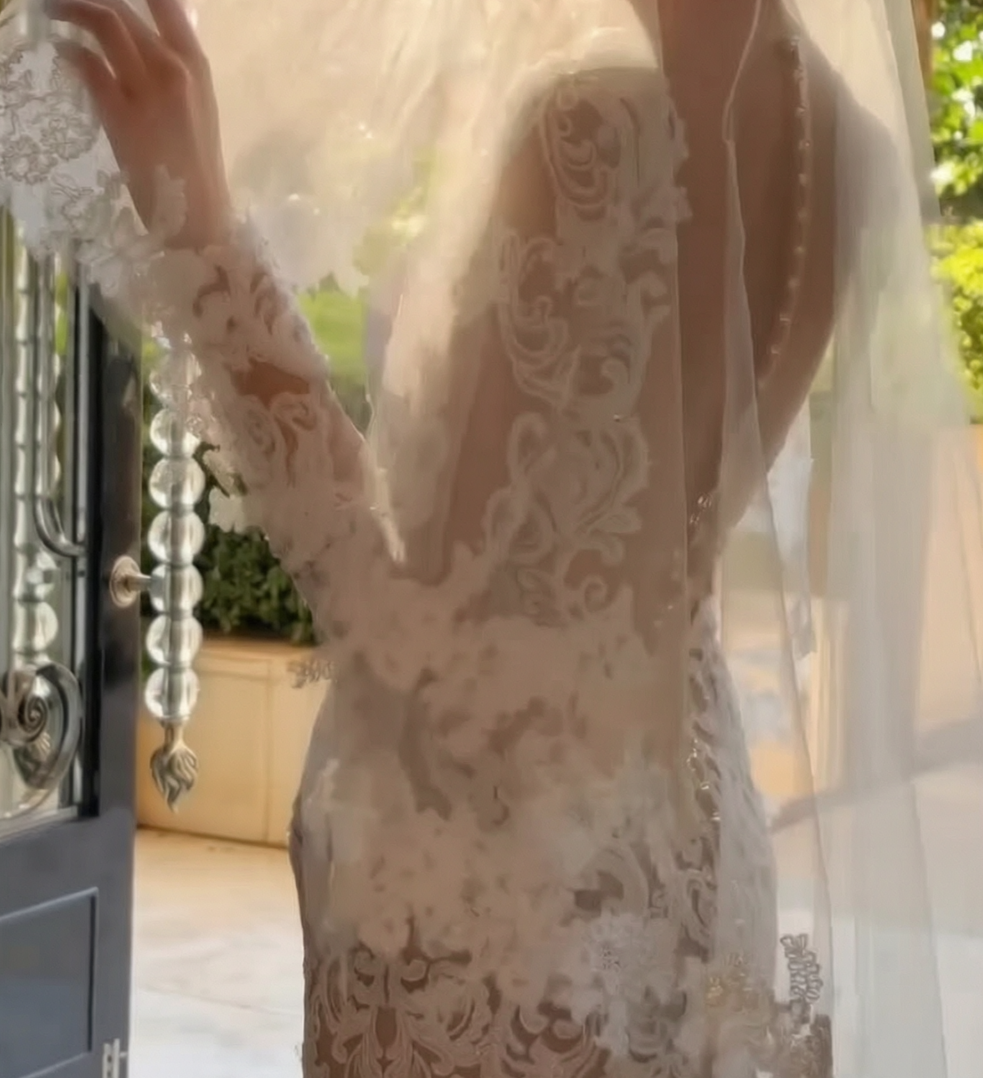 Romantic V Neck Wedding Dress Long Sleeve Lace Mermaid Bridal Dress GG6588