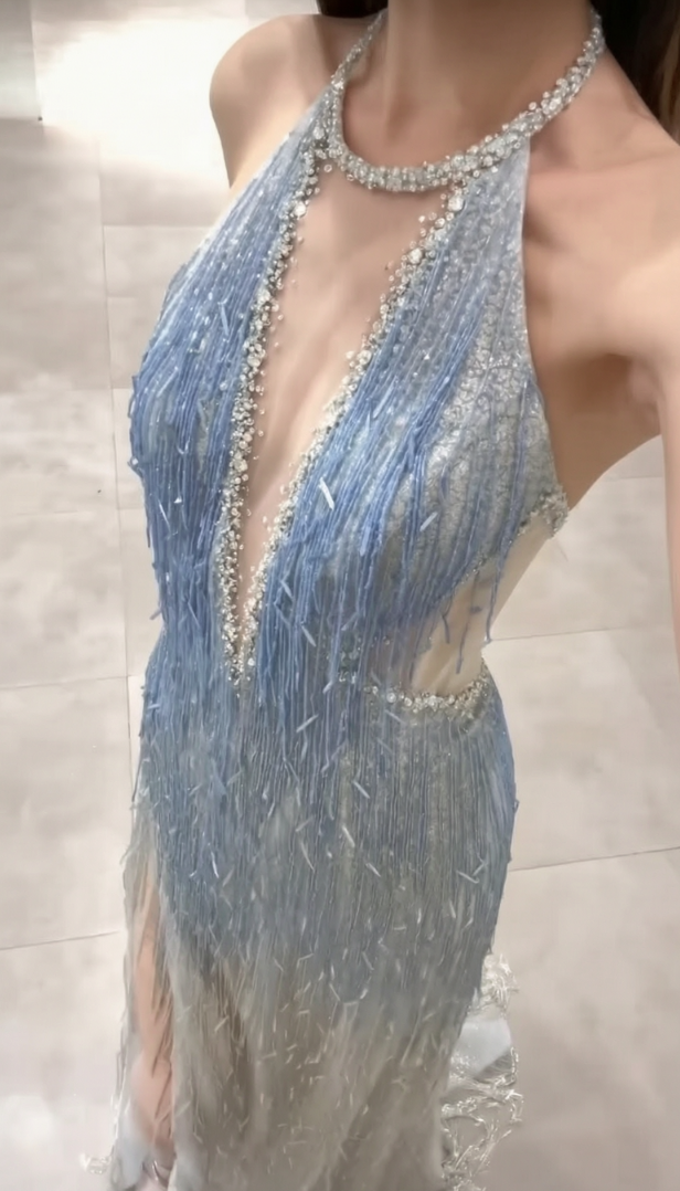 Glittering Halter Neck Slit Blue Prom Dress Sequins Tassel Beaded Mermaid Evening Dress GG6589