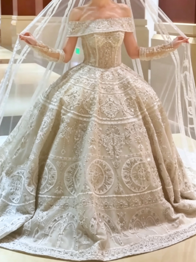 Ornate Off-Shoulder Wedding Dress Beaded A-Line Bridal Dress GG6592