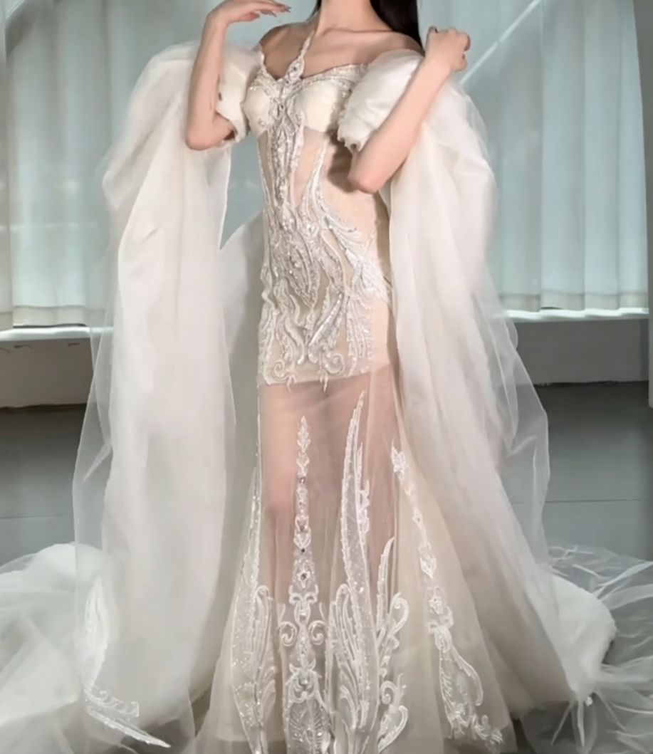 Glamorous Off-Shoulder Wedding Dress Sequins Appliques Tulle A-Line Bridal Dress GG6595