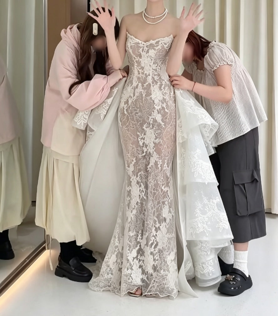 Chic Strapless Lace Wedding Dress With Train Appliques Mermiad Bridal Dress GG6602