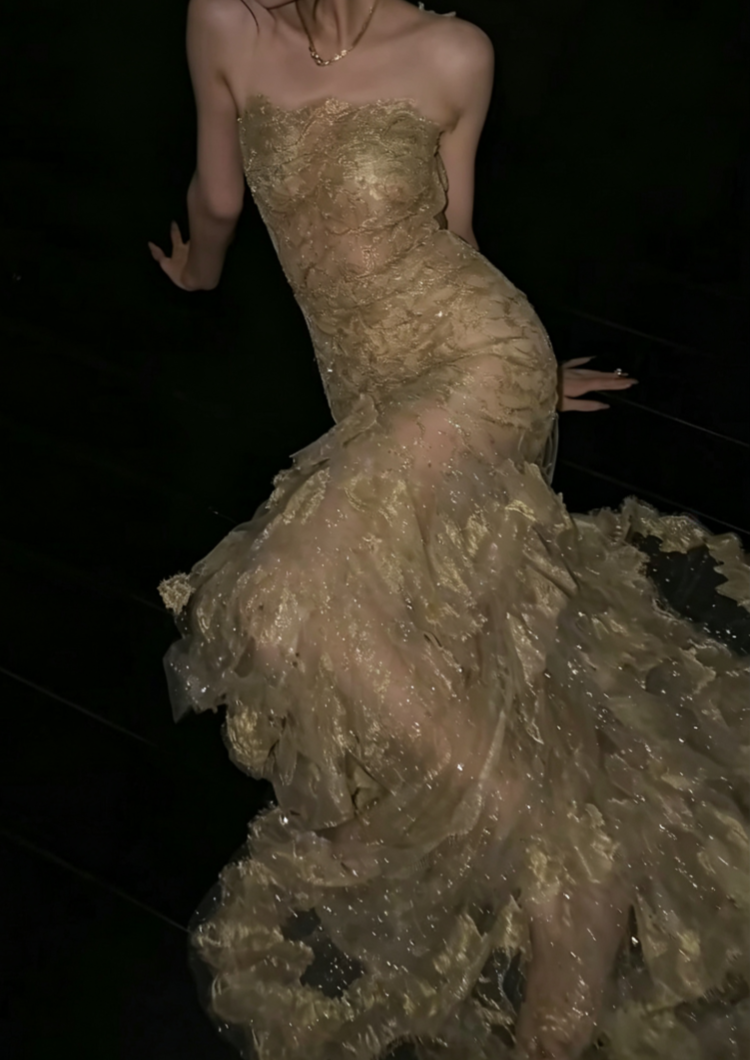 Fascinating Spaghetti Straps Gold Prom Dress Sequins Lace Mermaid Evening Dress GG6603