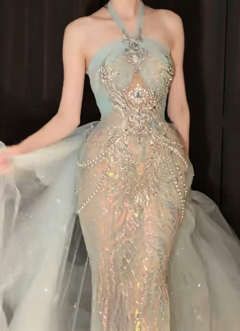 Attractive Halter Neck Blue Prom Dress With Bow Train Sequins Beaded Mermaid Evening Dress GG6605