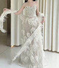 Playful Strapless Beaded Wedding Dress Feather A-Line Bridal Dress GG6607