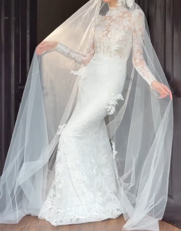 Romantic High Collar Lace Wedding Dress Long Sleeve Mermaid Bridal Dress GG6623