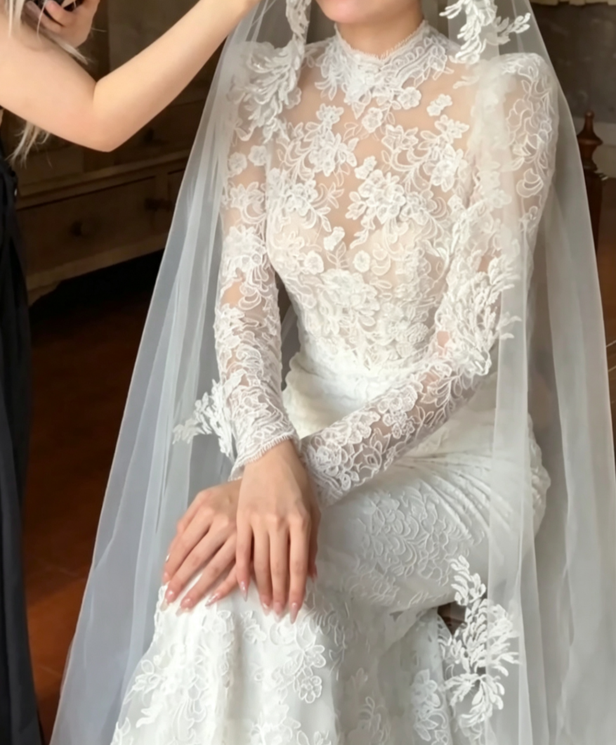 Romantic High Collar Lace Wedding Dress Long Sleeve Mermaid Bridal Dress GG6623
