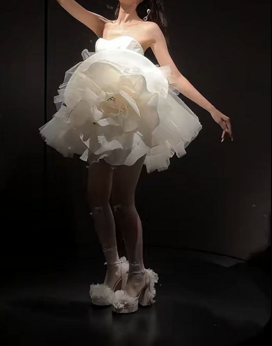 Glam Strapless White Homecoming Dress Handmade Flowers A-Line Birthday Dress GG6633