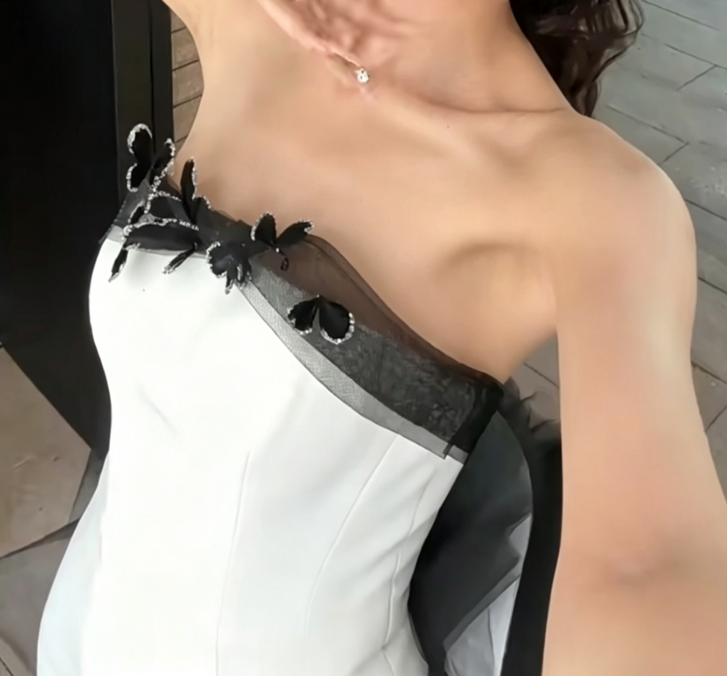 Trendy Strapless White Prom Dress Appliques Ruffles Mermaid Evening Dress GG6634