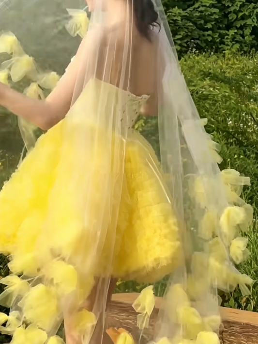 Cute Strapless Yellow Homecoming Dress Bows Tulle A-Line Birthday Dress GG6640