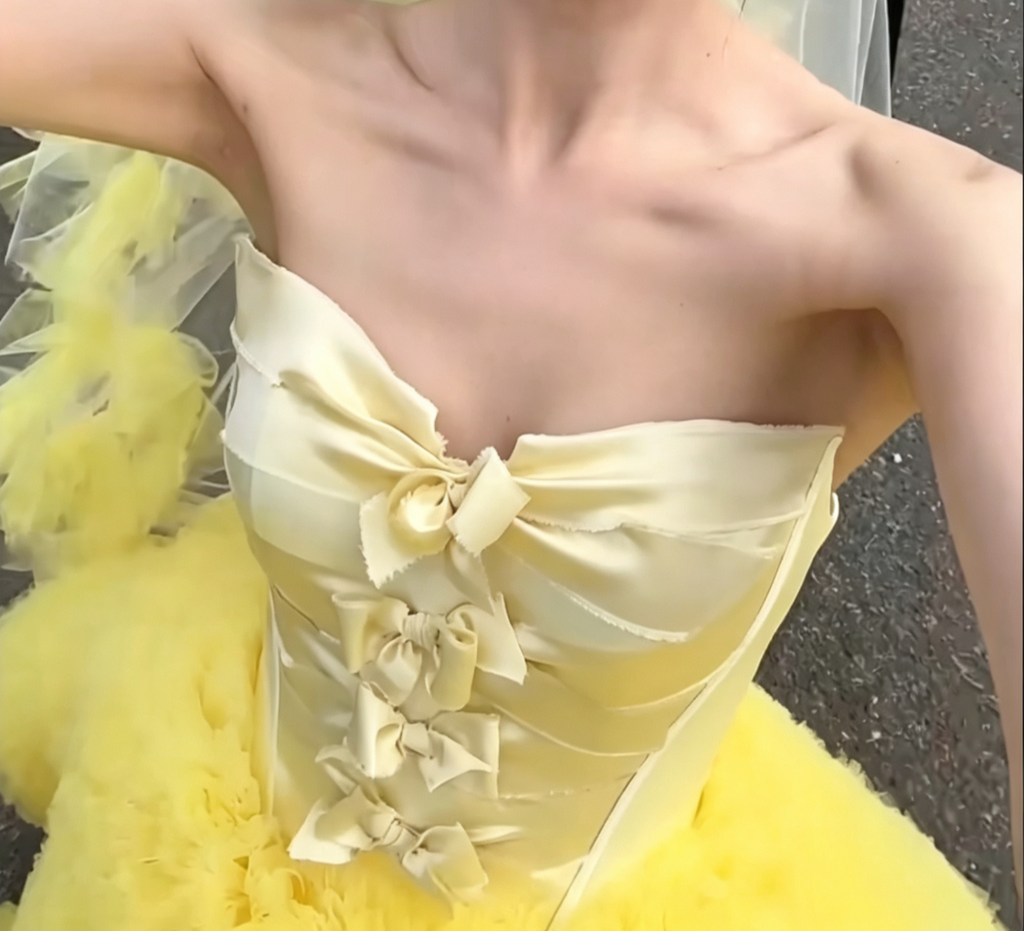 Cute Strapless Yellow Homecoming Dress Bows Tulle A-Line Birthday Dress GG6640