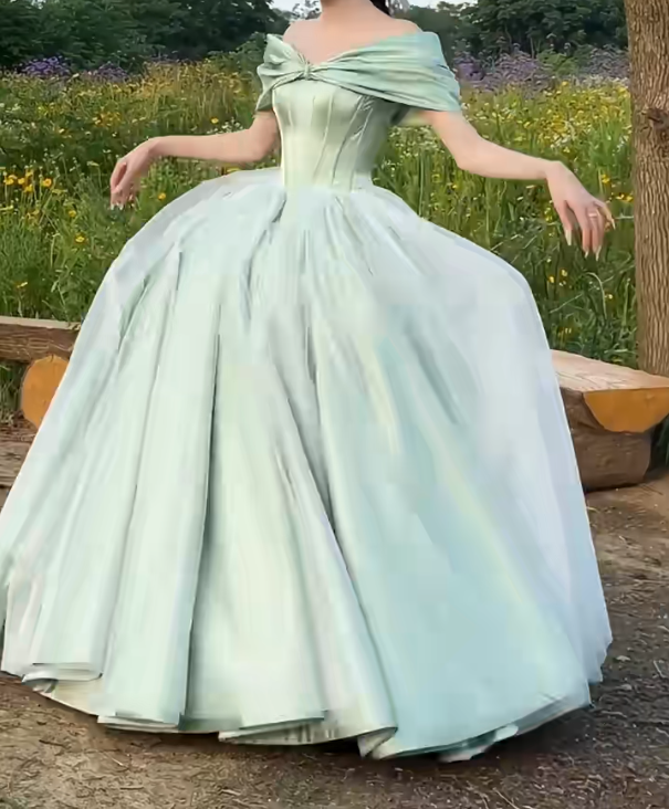 Classical Mint Green Prom Dress Off-Shoulder Satin A-Line Evening Dress GG6641