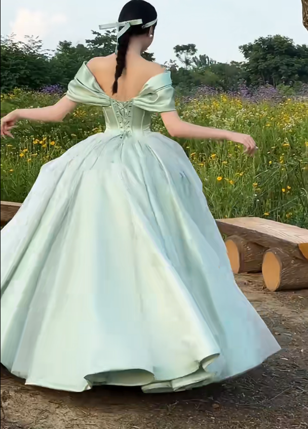 Classical Mint Green Prom Dress Off-Shoulder Satin A-Line Evening Dress GG6641