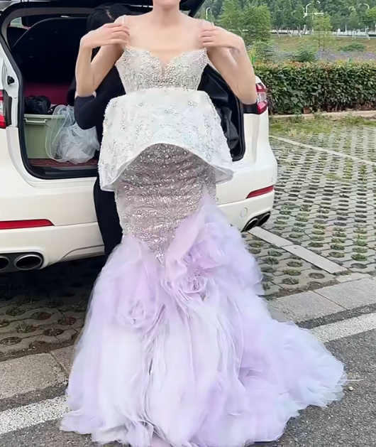 Glamorous Off-Shoulder Purple Prom Dress Tulle Beaded Mermaid Evening Dress GG6642