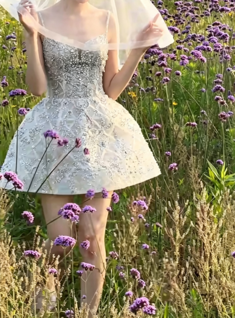 Attractive Spaghetti Straps Silver Homecoming Dress Beading A-Line Birthday Dress GG6643