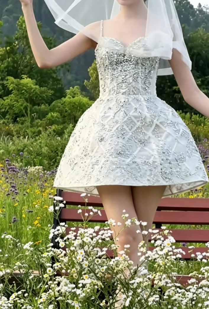 Attractive Spaghetti Straps Silver Homecoming Dress Beading A-Line Birthday Dress GG6643