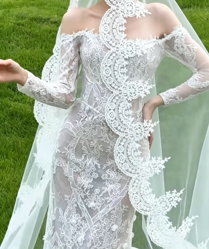 Classical Off-Shoulder Wedding Dress Long Sleeve Lace Mermaid Bridal Dress GG6645