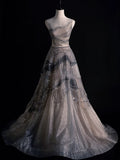 Chic A Line Tulle Sheer Neck Tulle Beading Long Prom Dress,Evening Dress GG668